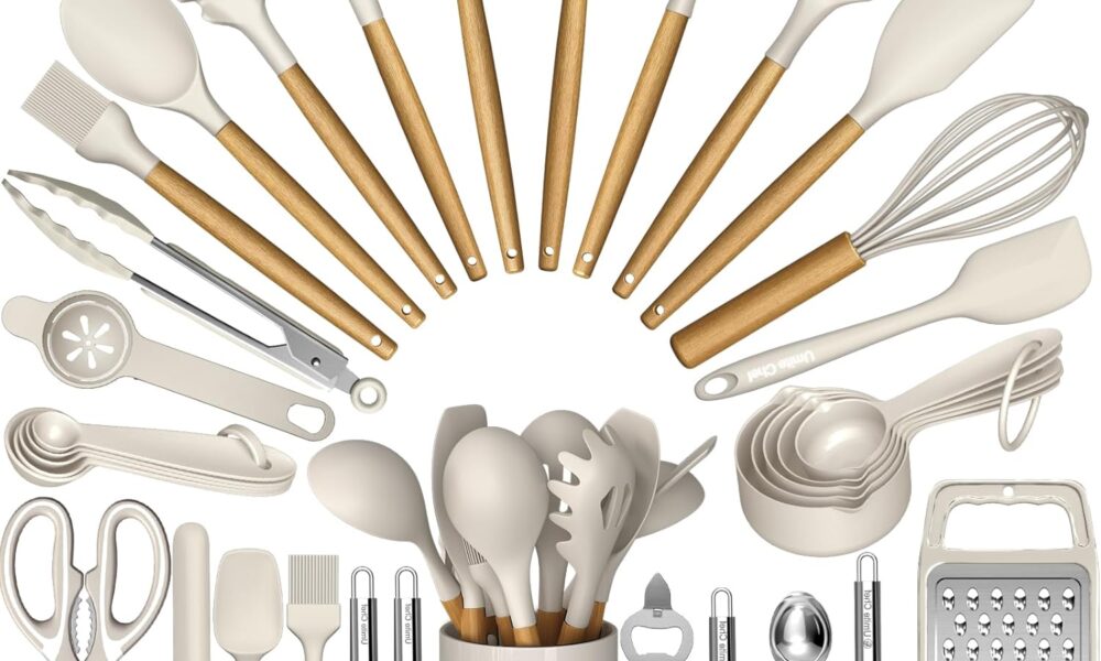 Umite Chef Silicone Kitchen Utensil Set, 34PCS Heat Resistant Kitchen Gadgets and Tools With Grater, Wood Handles for Nonstick Cookware