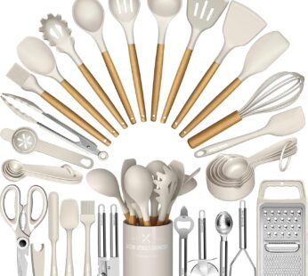 Umite Chef Silicone Kitchen Utensil Set, 34PCS Heat Resistant Kitchen Gadgets and Tools With Grater, Wood Handles for Nonstick Cookware