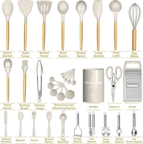 Umite Chef Silicone Kitchen Utensil Set, 34PCS Heat Resistant Kitchen Gadgets and Tools With Grater, Wood Handles for Nonstick Cookware - Image 2