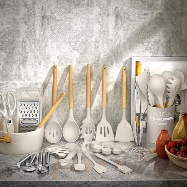 Umite Chef Silicone Kitchen Utensil Set, 34PCS Heat Resistant Kitchen Gadgets and Tools With Grater, Wood Handles for Nonstick Cookware - Image 5