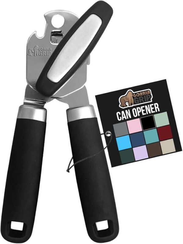 The Original GORILLA GRIP Heavy Duty Stainless Steel Smooth Edge Manual Can Opener and Bottle Openers, Soft Ergonomic Handle, Oversized Handheld Easy Turn Knob, Multifunctional Kitchen Tool, Black