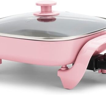 GreenLife12″ 5QT Square Electric Skillet, Glass Vented Lid, Ceramic PFAS-Free Nonstick Coated Interior, Adjustable Temperature Control, Cool Touch Handles, Quick Even Heating, Scratch Resistant, Pink
