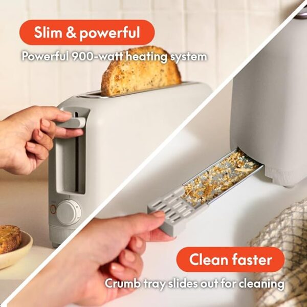 bella 2 Slice Slim Toaster, Fits-anywhere™ Kitchenware, 6 Setting Shade Control with Reheat & Cancel Buttons, Removable Crumb Tray, 10” Long Slot, Anti Jam & Auto Shutoff, 900 Watt, Oatmilk - Image 4