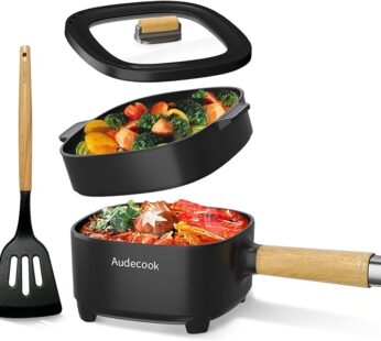 Audecook Hot Pot Electric 2L, Cermic Glaze Non-Stick Frying Pan 8 Inch, Portable Travel Cooker for Ramen/Steak/Fried Rice/Oatmeal/Soup, with Dual Power Control (Silicone Spatula Included)