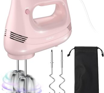 Electric Hand Mixer with Stainless Steel Whisk, Dough Hook Attachment and Storage Bag, Handheld Mixer for Baking Cakes, Eggs, Cream Food Mixers. Turbo Boost /5 Speed Kitchen Blender PINK