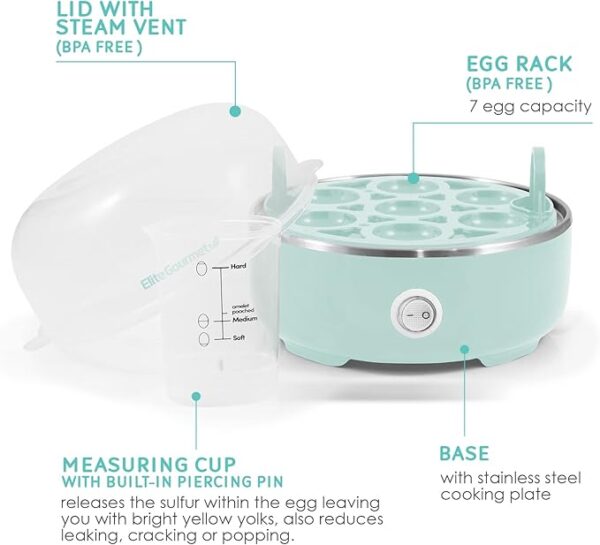 Elite Gourmet EGC115M Easy Egg Cooker Electric 7-Egg Capacity, Soft, Medium, Hard-Boiled Egg Cooker with Auto Shut-Off, Measuring Cup Included, BPA Free, Retro Mint - Image 2