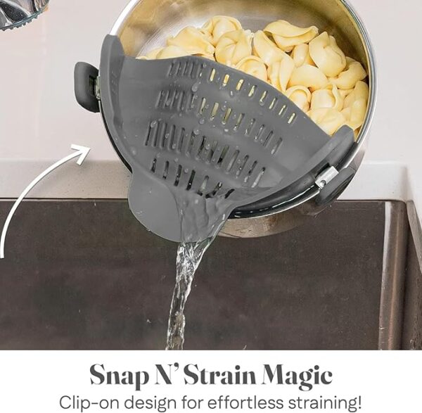 Kitchen Gizmo Snap N' Strain - Silicone Pasta Strainer Clip-On for Pots and Pans - Heat Resistant Colander for Vegetables and Noodles - Kitchen Gadgets for Cooking - Space-Saving Design - Grey - Image 3