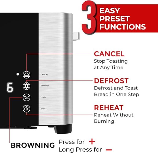 Mueller UltraToast Full Stainless Steel Toaster 4 Slice, Long Extra-Wide Slots for Bagels and Waffles, 6 Browning Levels, LED Display, Cancel/Defrost/Reheat Functions & Removable Tray, Kitchen Gadgets - Image 4