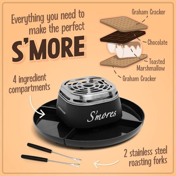 Nostalgia Tabletop Indoor Electric S'mores Maker - Smores Kit With Marshmallow Roasting Sticks and 4 Trays for Graham Crackers, Chocolate, and Marshmallows - Movie Night Supplies - Black - Image 4