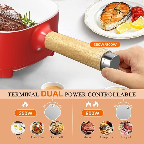 Audecook Hot Pot Electric 2L, Cermic Glaze Non-Stick Frying Pan 8 Inch, Portable Travel Cooker for Ramen/Steak/Fried Rice/Oatmeal/Soup, with Dual Power Control (Silicone Spatula Included) - Image 4