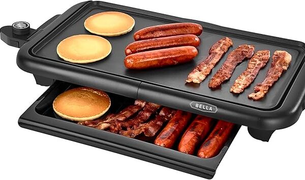 bella Electric Griddle with Warming Tray - Smokeless Indoor Grill, Nonstick Surface, Adjustable Temperature & Cool-touch Handles, 10" x 18", Copper/Black