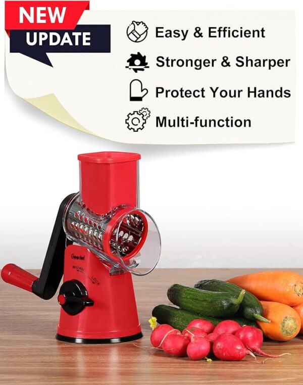 Geedel Rotary Cheese Grater, Kitchen Mandoline Vegetable Slicer with 3 Interchangeable Blades, Easy to Clean Grater for Fruit, Vegetables, Nuts - Image 2