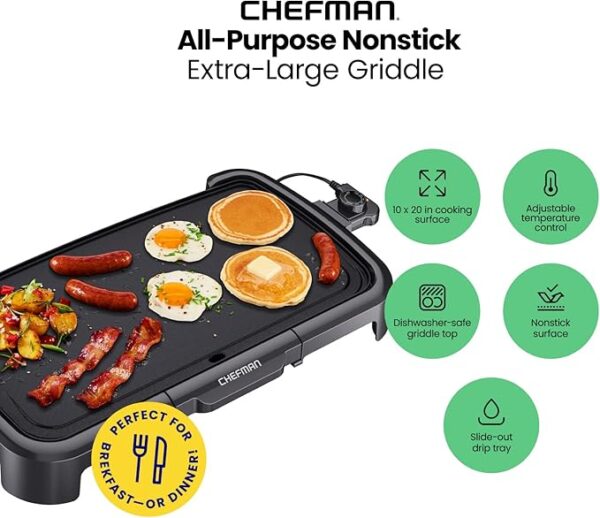 Chefman XL Electric Griddle with Removable Temperature Control, Immersible Flat Top Grill, Burger, Eggs, Pancake Griddle, Nonstick Extra Large Cooking Surface, Slide Out Drip Tray, 10 x 20 Inch - Image 3