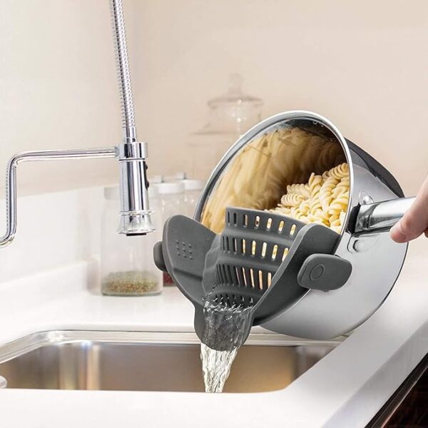 Kitchen Gizmo Snap N' Strain - Silicone Pasta Strainer Clip-On for Pots and Pans - Heat Resistant Colander for Vegetables and Noodles - Kitchen Gadgets for Cooking - Space-Saving Design - Grey - Image 4