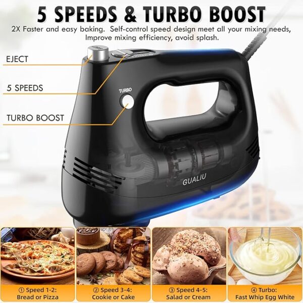 Electric Hand Mixer with Stainless Steel Whisk, Dough Hook Attachment and Storage Bag, Handheld Mixer for Baking Cakes, Eggs, Cream Food Mixers. Turbo Boost /5 Speed Kitchen Blender PINK - Image 2