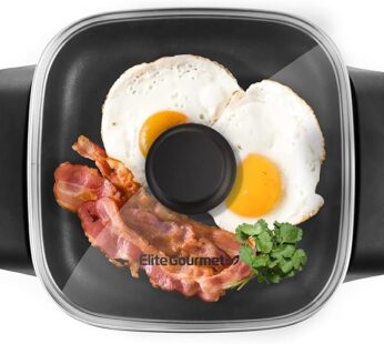 Elite Gourmet EG808 8” x 8″ Non-stick Electric Skillet, Dishwasher Safe with Tempered Glass Vented Lid, Rapid Heat Up, 600W, Black