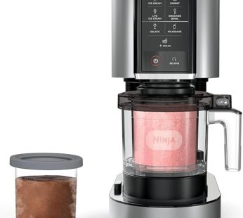 Ninja NC301 CREAMi Ice Cream Maker, for Gelato, Mix-ins, Milkshakes, Sorbet, Smoothie Bowls & More, 7 One-Touch Programs, with (2) Pint Containers & Lids, Compact Size, Perfect for Kids, Silver