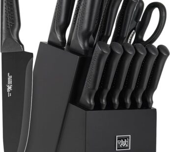 Knife Set, 15 Pcs Kitchen Knife Set with Block Self Sharpening, Dishwasher Safe, 6 Steak Knives, Anti-slip handle, Black