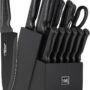 Knife Set, 15 Pcs Kitchen Knife Set with Block Self Sharpening, Dishwasher Safe, 6 Steak Knives, Anti-slip handle, Black