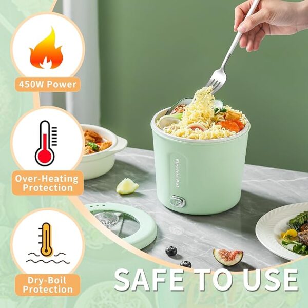 Hot Pot Electric, 1L Mini Ramen Cooker, 450W Rapid Noodles Cooker, Multifunctional Electric Pot for Cooking Pasta, Soup, Portable Pots with Over-Heating Protection for Dorm, Office, Travel - Image 2