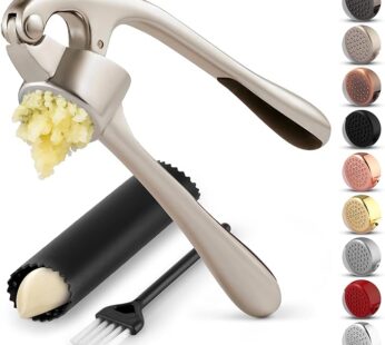 Zulay Kitchen Premium Garlic Press Set – Rust Proof & Dishwasher Safe Professional Garlic Mincer Tool – Easy-Squeeze, Easy-Clean with Soft, Ergonomic Handle – Silicone Garlic Peeler & Brush (Silver)