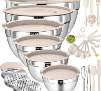Mixing Bowls with Airtight Lids Set, 26PCS Stainless Steel Khaki Bowls with Grater Attachments, Non-Slip Bottoms & Kitchen Gadgets Set, Size 7, 4, 2.5, 2.0,1.5, 1QT, Great for Mixing & Serving
