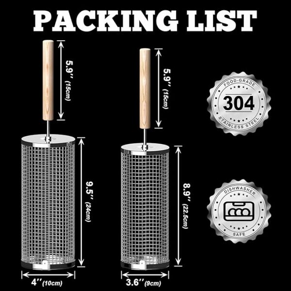 Rolling Grill Basket(2PCS), Removable Wooden Handle, 304 Stainless Steel, Nesting Grilling Net, BBQ Accessories Tool for Vegetable Shrimp, Outdoor Cooking Camping, Birthday Gifts for Men Dad Husband - Image 2
