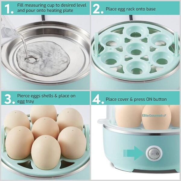 Elite Gourmet EGC115M Easy Egg Cooker Electric 7-Egg Capacity, Soft, Medium, Hard-Boiled Egg Cooker with Auto Shut-Off, Measuring Cup Included, BPA Free, Retro Mint - Image 3