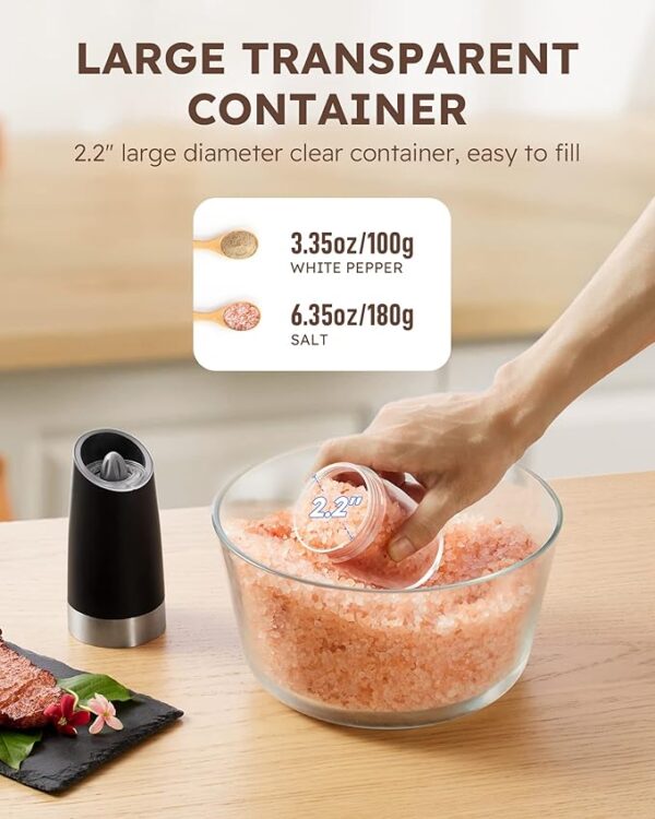 Sangcon Gravity Electric Salt and Pepper Grinder Set Automatic Shakers Mill Grinder with LED Light, BATTERY POWERED Adjustable Coarseness One Hand Operation, Upgraded Larger Capacity - Image 3