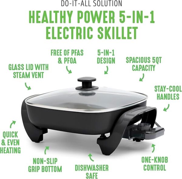 GreenLife12" 5QT Square Electric Skillet, Glass Vented Lid, Ceramic PFAS-Free Nonstick Coated Interior, Adjustable Temperature Control, Cool Touch Handles, Quick Even Heating, Scratch Resistant, Pink - Image 2
