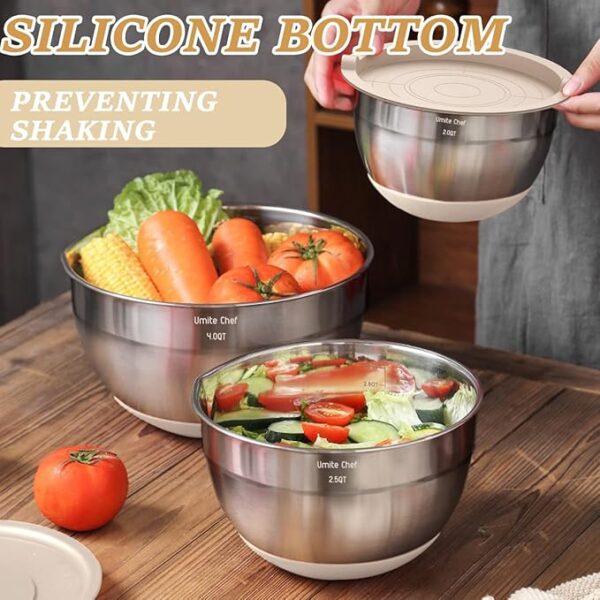 Mixing Bowls with Airtight Lids Set, 26PCS Stainless Steel Khaki Bowls with Grater Attachments, Non-Slip Bottoms & Kitchen Gadgets Set, Size 7, 4, 2.5, 2.0,1.5, 1QT, Great for Mixing & Serving - Image 3