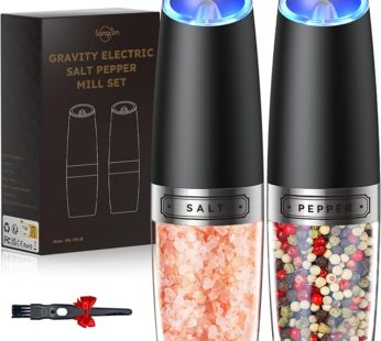 Sangcon Gravity Electric Salt and Pepper Grinder Set Automatic Shakers Mill Grinder with LED Light, BATTERY POWERED Adjustable Coarseness One Hand Operation, Upgraded Larger Capacity