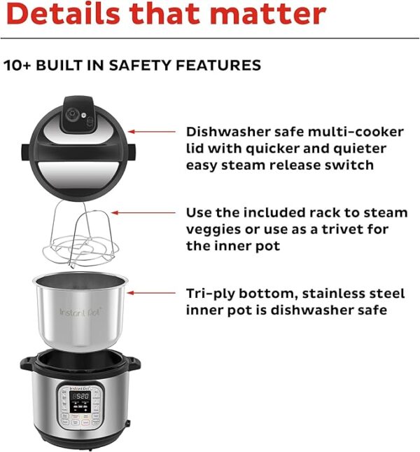Instant Pot Duo 7-in-1 Electric Pressure Cooker, Slow Cooker, Rice Cooker, Steamer, Sauté, Yogurt Maker, Warmer & Sterilizer, Includes App With Over 800 Recipes, Stainless Steel, 6 Quart - Image 3