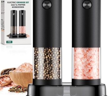 Electric Salt and Pepper Grinder Set Automatic Battery Pepper Mill Shakers Adjustable Coarseness Easy Filling Upgraded Larger Capacity with Led (2 Pack Black/Black）