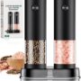 Electric Salt and Pepper Grinder Set Automatic Battery Pepper Mill Shakers Adjustable Coarseness Easy Filling Upgraded Larger Capacity with Led (2 Pack Black/Black）