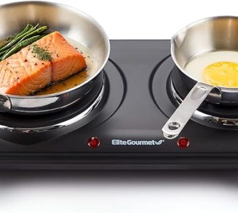 Elite Gourmet EDB-302BF# Countertop Double Cast Iron Burner, 1500 Watts Electric Hot Plate, Temperature Controls, Power Indicator Lights, Easy to Clean, Black