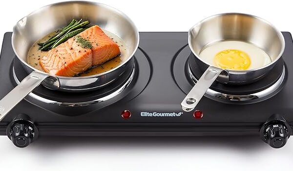 Elite Gourmet EDB-302BF# Countertop Double Cast Iron Burner, 1500 Watts Electric Hot Plate, Temperature Controls, Power Indicator Lights, Easy to Clean, Black