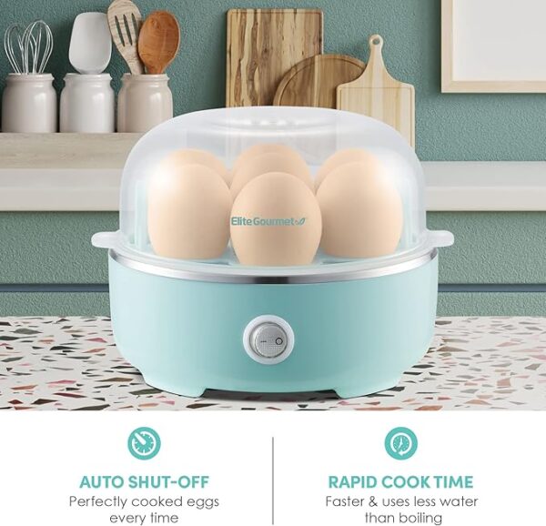 Elite Gourmet EGC115M Easy Egg Cooker Electric 7-Egg Capacity, Soft, Medium, Hard-Boiled Egg Cooker with Auto Shut-Off, Measuring Cup Included, BPA Free, Retro Mint - Image 4