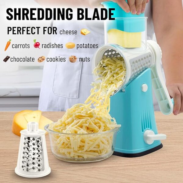 Zulay Kitchen Rotary Cheese Grater 5 Blade Cheese Shredder - Manual Hand Crank Cheese Grater With Reinforced Suction & 5 Interchangeable Drums - Easy to Use, Vegetable Chopper Round Mandoline Slicer - Image 5