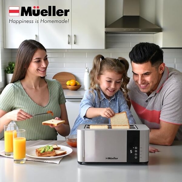 Mueller UltraToast Full Stainless Steel Toaster 4 Slice, Long Extra-Wide Slots for Bagels and Waffles, 6 Browning Levels, LED Display, Cancel/Defrost/Reheat Functions & Removable Tray, Kitchen Gadgets - Image 5