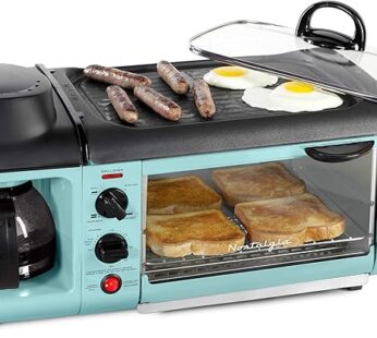 Nostalgia 3-in-1 Breakfast Station – Includes Coffee Maker, Non-Stick Griddle, and 4-Slice Toaster Oven – Versatile Breakfast Maker with Timer – Aqua