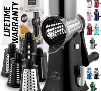 Zulay Kitchen Rotary Cheese Grater 5 Blade Cheese Shredder – Manual Hand Crank Cheese Grater With Reinforced Suction & 5 Interchangeable Drums – Easy to Use, Vegetable Chopper Round Mandoline Slicer