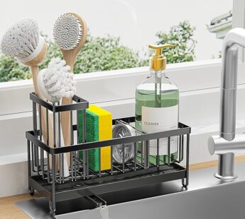 Cisily Black Sponge Holder for Kitchen Sink, Sink Caddy Organizer with High Brush Holder, Kitchen Countertop Organizers and Storage Essentials, Rustproof 304 Stainless Steel, Soap Dispenser Organize