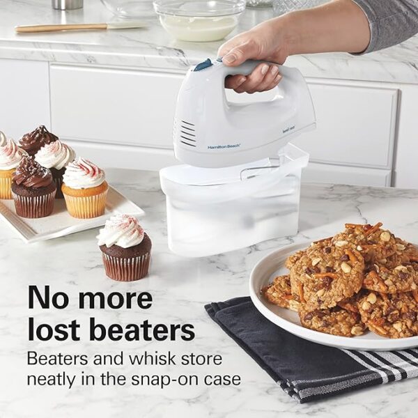 Hamilton Beach 6-Speed Electric Hand Mixer with Whisk, Traditional Beaters, Snap-On Storage Case, 250 Watts, White - Image 5
