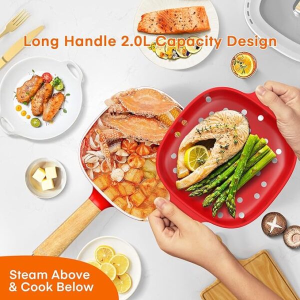 Audecook Hot Pot Electric 2L, Cermic Glaze Non-Stick Frying Pan 8 Inch, Portable Travel Cooker for Ramen/Steak/Fried Rice/Oatmeal/Soup, with Dual Power Control (Silicone Spatula Included) - Image 2
