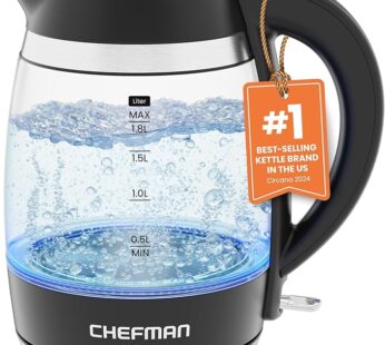 Chefman Electric Kettle, 1.8L 1500W, Hot Water Boiler, Removable Lid for Easy Cleaning, Auto Shut Off, Boil-Dry Protection, Stainless Steel Filter, BPA Free, Borosilicate Glass Electric Tea Kettle