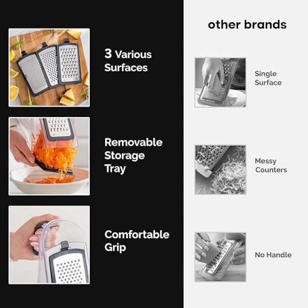 Cheese Grater with Garlic Crusher- Box Grater Vegetable Shredder with 3 Stainless Steel Blades - Graters for Kitchen- Cheese Graters with Handle - Garlic Mincer Tool and Vegetable Peeler - Image 2