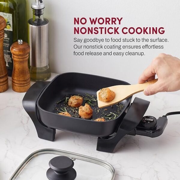 Elite Gourmet EG808 8” x 8" Non-stick Electric Skillet, Dishwasher Safe with Tempered Glass Vented Lid, Rapid Heat Up, 600W, Black - Image 4