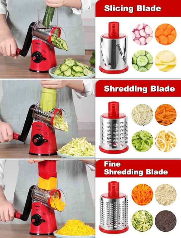 Geedel Rotary Cheese Grater, Kitchen Mandoline Vegetable Slicer with 3 Interchangeable Blades, Easy to Clean Grater for Fruit, Vegetables, Nuts - Image 4