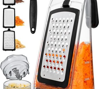 Cheese Grater with Garlic Crusher- Box Grater Vegetable Shredder with 3 Stainless Steel Blades – Graters for Kitchen- Cheese Graters with Handle – Garlic Mincer Tool and Vegetable Peeler